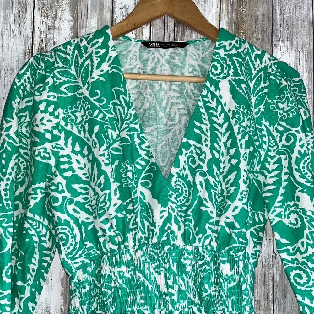 Zara Green White Linen Blend Mini Dress Printed Long Sleeve V Neck Flowy Size S - Picture 6 of 6